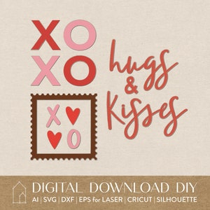 Hugs & Kisses-trio | Digitale download | SVG, AI, EPS, DXF | Voor laser, cricut en silhouet
