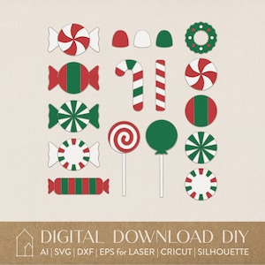 May include: A set of 14 digital cut files featuring Christmas candy designs. The designs include candy canes, peppermint candies, and lollipops. The files are available in AI, SVG, DXF, and EPS formats.
