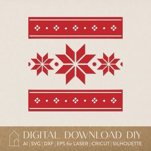 May include: Red and white Scandinavian-style geometric design with a repeating pattern of stars and diamonds. The design is perfect for creating festive crafts, decorations, or patterns for clothing.