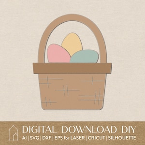 May include: A brown wicker basket with a handle, filled with three pastel colored Easter eggs. The eggs are yellow, pink, and blue.