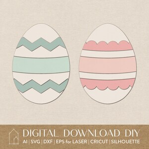 May include: Two Easter egg designs, one with a light blue chevron pattern and a light green stripe, and the other with a pink scalloped edge and pink stripes.
