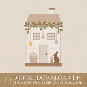 May include: A white house with a brown roof and a green vine with leaves hanging over the door. There are four windows with pink and blue eggs hanging from them. A brown bunny is standing in front of the house with a pink flower. A basket with colorful eggs is on the porch.