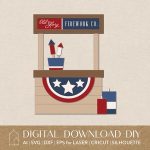 May include: A digital download DIY craft project for a firework stand. The stand is made of wood and has a red, white, and blue American flag design. The sign above the stand says "Old Glory Firework Co."