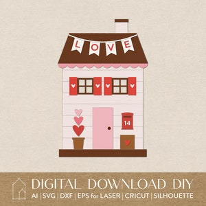 Valentine Cottage | Pobieranie cyfrowe | SVG, Ai, EPS, DXF | Do lasera, Cricut, Silhouette