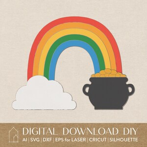 May include: A rainbow with a pot of gold at the end. The rainbow is made of red, orange, yellow, green, blue, and purple. The pot of gold is black with a gold rim and is filled with gold coins.