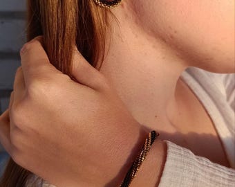 Beads jewelry set  gold, brown end black color. Elegant and Unique hoop earrings end bracelet. Birthday gift. Personalized gift for niece