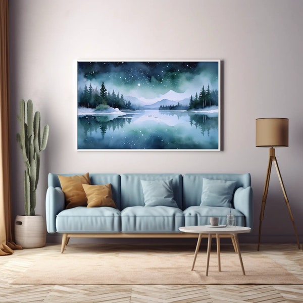 Nordic Mystic Winter Night - Extra Large High-Quality Forest Lake Stars Foggy Wall Art 3 Piece Collection - Digital Print PNG