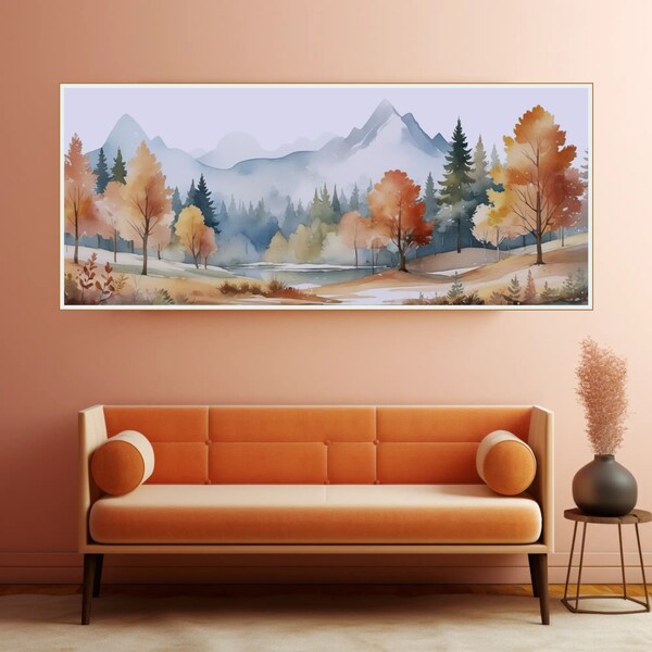 Nordic Landscapes Wall Art - Digital Print, Forest Landscape, Watercolor, Widescreen, 4 Seasons Decor,High-Quality, 4 Piece Collection