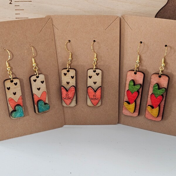 Rectangular heart Valentine's day wooden dangle earrings