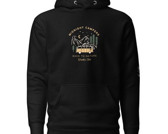 May include: Black hoodie with a graphic of a vintage camper van in front of mountains and trees. The graphic says "Midnight Campers Back to Nature" and "Wrentham's Trail".