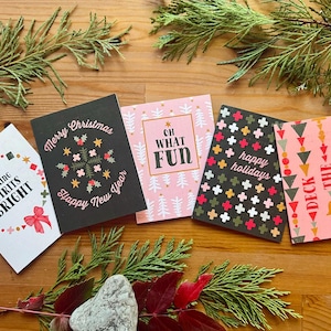 Pacchetto di biglietti di auguri rustici per le feste invernali / Set di biglietti con stampa artistica / Confezione di varietà natalizie artigianali / Confezione da 5 biglietti