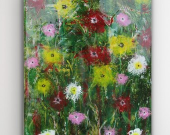 Könnte beinhalten: Abstraktes Gemälde mit einem lebendigen Blumenfeld. Das Kunstwerk zeigt eine Mischung aus roten, gelben, rosa und weißen Blumen vor einem grünen Hintergrund. Das Gemälde hat eine strukturierte Optik mit sichtbaren Pinselstrichen und einem glänzenden Finish.