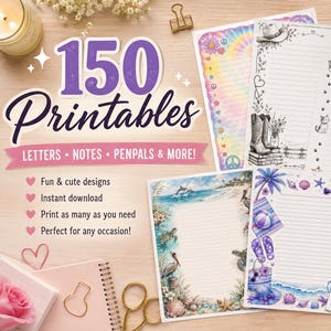 Puede incluir: Una colección de 150 hojas de papel de carta imprimibles con diversos bordes decorativos que incluyen patrones tie-dye, botas vaqueras, gatos, escenas de playa, elementos tropicales y diseños florales. Las hojas están rayadas para escribir.