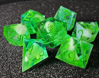 Gelatinous Cubes - fluorescent green skeletal slime sharp edge DnD dice set