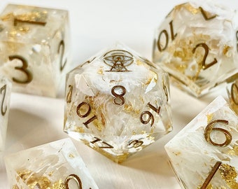 Divinity - celestial white, bronze, and gold petri sharp edge DnD dice set