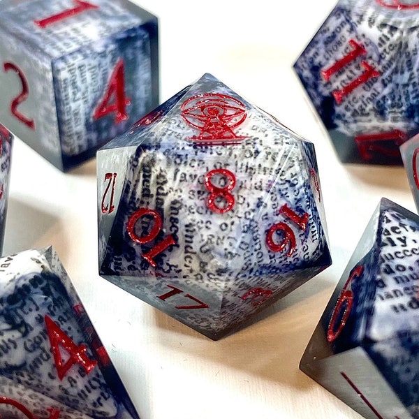 Scattered Pages - spilled ink hard edge DnD dice set