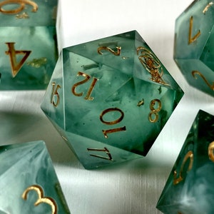 Mystic Jade - green and gold sharp edge DnD dice set