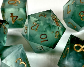 Mystic Jade - green and gold sharp edge DnD dice set