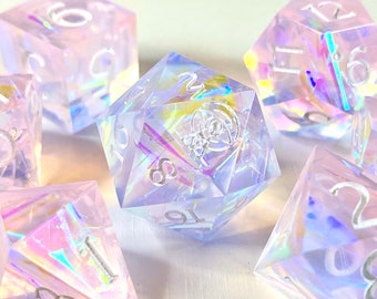 Quantum Candy - irridescent pink opal hard edge DnD dice set