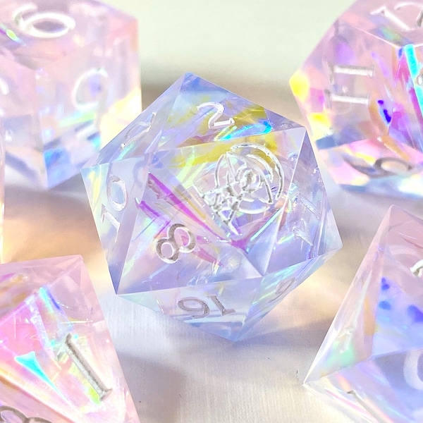 Quantum Candy - irridescent pink opal hard edge DnD dice set