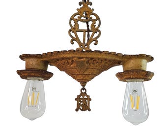 Antique Art Deco Cast Iron 2-Light Chandelier 1920s