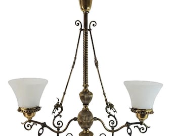 1890s Victorian Gasolier Style 2-Light Brass Chandelier