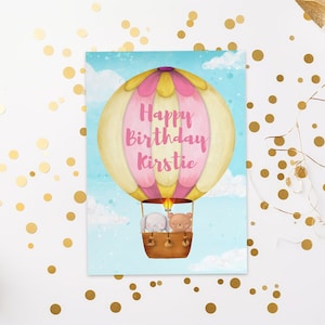 Cartão de aniversário, balão de ar quente, download DIGITAL de cartão comemorativo para impressão, modelo de cartão de aniversário editável