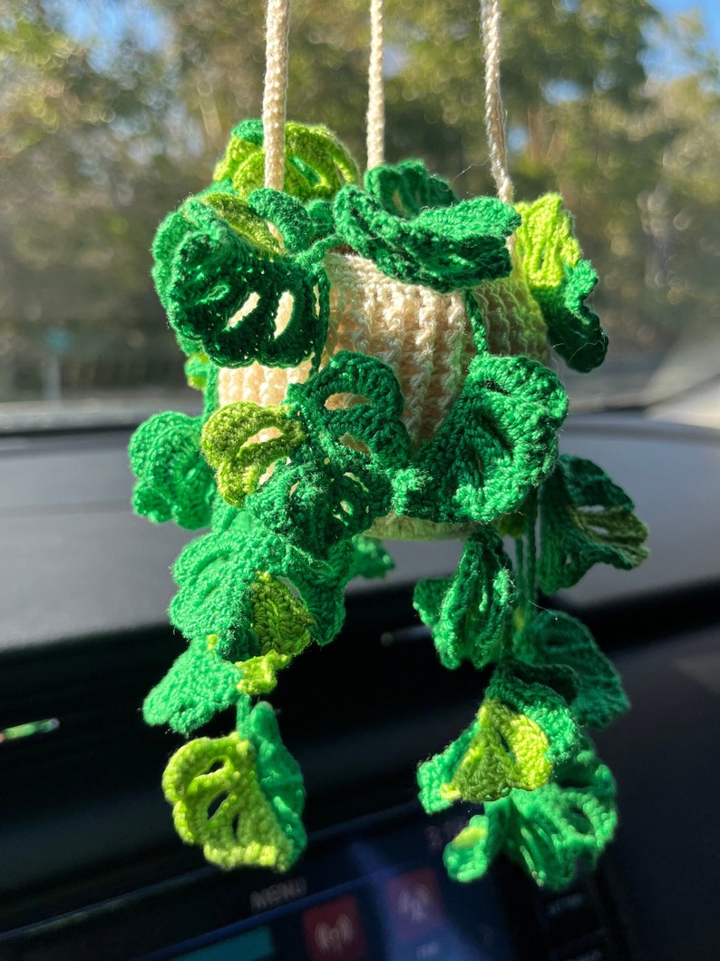 May include: A crocheted hanging plant with green and white leaves. The plant is in a white crocheted pot and is hanging from a string.