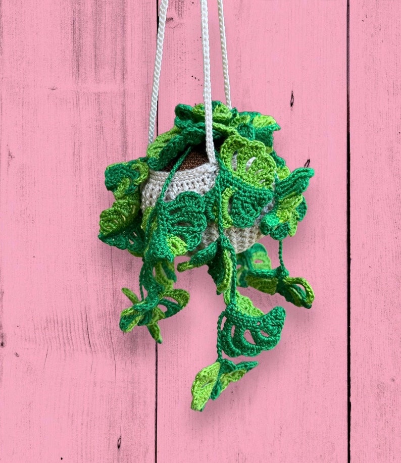 May include: A crocheted hanging planter with green leaves shaped like monstera plants. The planter is hanging from a white cord against a pink wooden background.