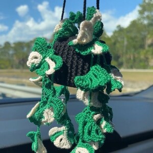 May include: A crocheted hanging plant with green and white leaves. The plant is hanging from a black string and is in a black pot.