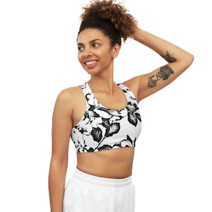 Black and White Flowers Custom Sports Bra - Seamless Sports Bra - Pretty Sports Bra - Trendy Sports Bra - Comfy Sports Bra