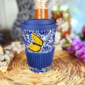 Talavera Butterfly coffee tumbler handmade hot chocolate travel mug kitchen home decor Termo regalo Christmas gift for her him yeti