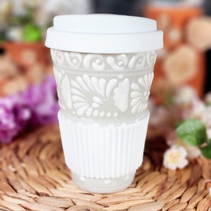 Talavera white coffee tumbler handmade handpainted hot chocolate travel mug kitchen home decor  Termo regalo Christmas gift for her him yeti
