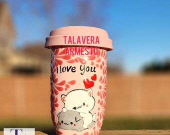 Original Talavera tarrito Kawaii Kitty travel mug kitchen home decor Termo regalo mother's Day gift for her him couple coquette hand painted