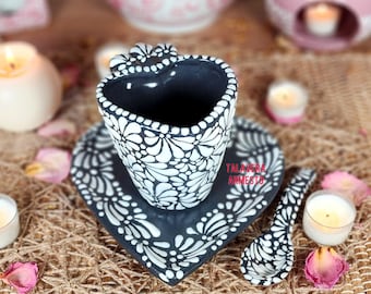 Mexican Talavera black heart mug set coffee handmade Handpainted talavera taza corazon mother&#39;s day gift for her coquette kitchen home decor
