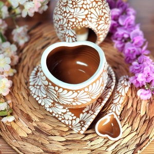 Mexican Talavera JUMBO heart mug 600ml white brown spoon and plate set coffee hot chocolate handmade Handpainted set taza birthday gift
