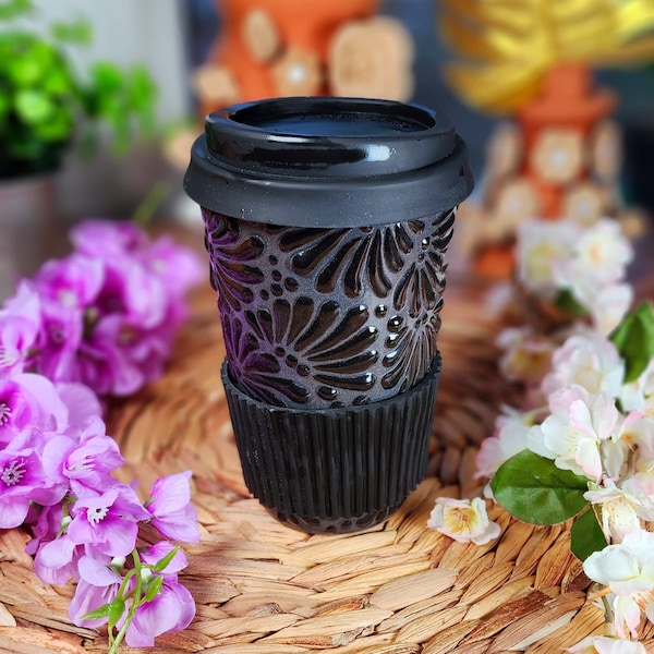 Talavera Black coffee tumbler handmade handpainted hot chocolate travel mug mother's day gift for him her taza corazón Termo mom regalo yeti