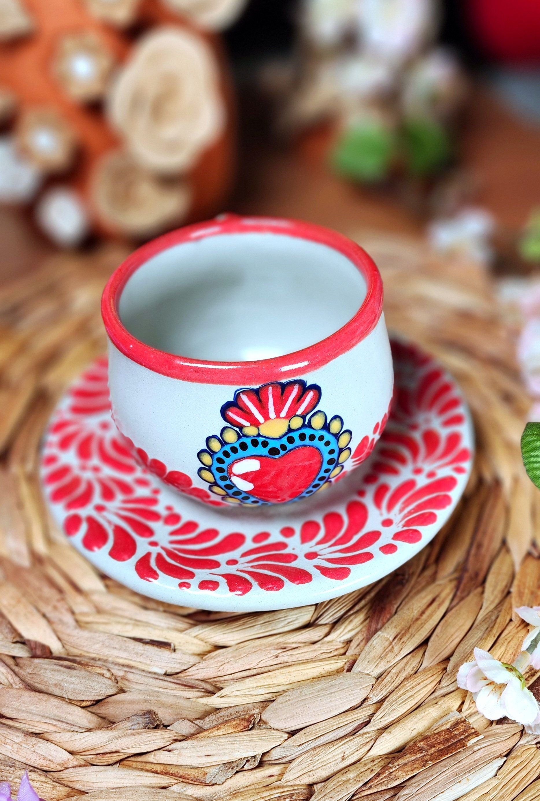 Original Mexican Talavera Read Heart chocolate coffee mug and plate set handmade talavera set taza chocolatera Christmas day gift for her