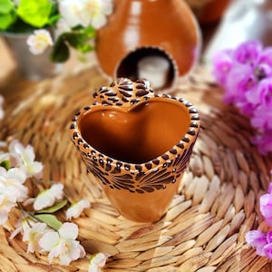 Talavera Heart coffee mug handmade handpainted hot chocolate brown white original Mexican Christmas gift for her taza corazón 300ml