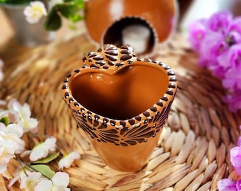 Talavera Heart coffee mug handmade handpainted hot chocolate brown white original Mexican Christmas gift for her taza corazón 300ml
