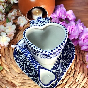 Mexican Talavera heart mug spoon and cookie plate set coffee handmade Handpainted taza corazon birthday gift for her coquette kitchen home