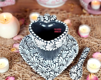 Mexican Talavera black heart mug set coffee handmade Handpainted talavera taza corazon mother's day gift for her coquette kitchen home decor