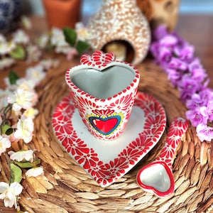 Mexican Talavera heart mug spoon and cookie plate set coffee hot chocolate handmade Handpainted taza corazon mother&#39;s day gift for her