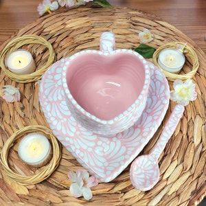 Original Mexican Talavera heart mug pink set 3 pieces handmade talavera set taza corazón mother&#39;s day gift for her coquette home decor