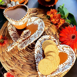 Mexican Talavera heart mug spoon and cookie plate set coffee hot chocolate handmade Handpainted taza corazon mother&#39;s day gift regalo
