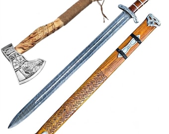 Hand Forged Damascus Steel Medieval Sword Viking Sword Fantasy Cosplay Wall Decor Nordic Art Free Axe Gift for him