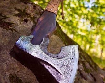 Hand Forged Carbon Steel Viking Axe, Rosewood Ash Handle, Personalized Bearded Axe