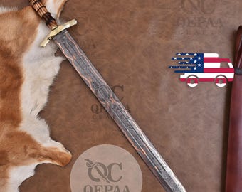 Handmade Viking Sword |Copper Damascus Steel Northman Swords with sheath and free wooden box Gift for Him Groomsmen| Collectible for Men