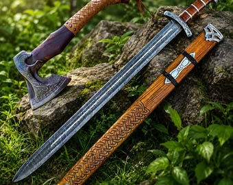 Handmade Damascus Steel Viking Sword with Scabbard, Fantasy Cosplay Collectible