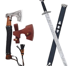 Hand-Forged Damascus Steel Blade, Walnut Handle, Viking Sword with Free Axe For Wall Decoration,Replica Sword In Damascus Steel,